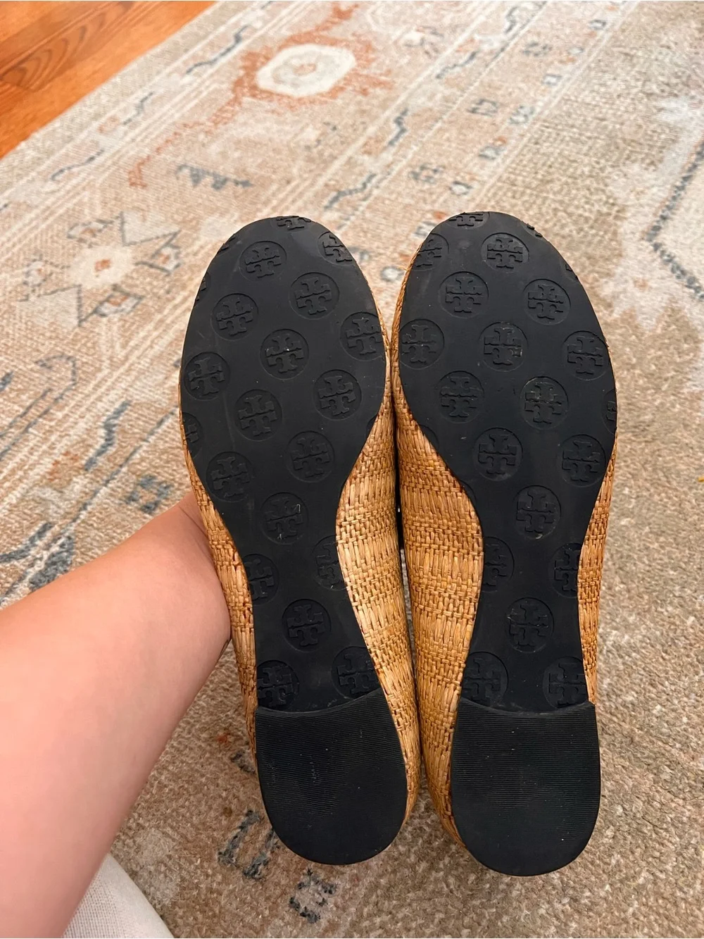 Tory Burch Reva Navy & Raffia woven straw flats with Gold Logo Medallion